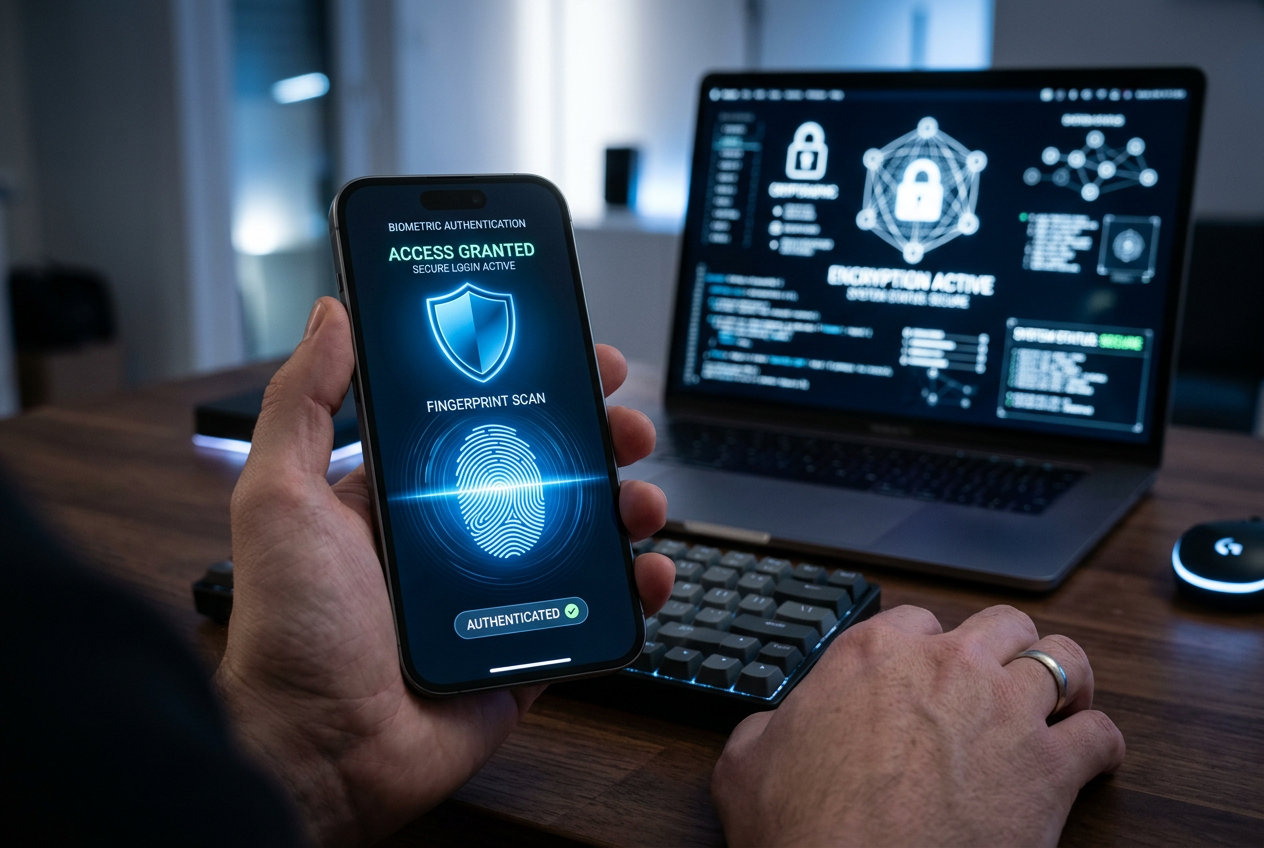 Modern cybersecurity interface with biometric and encryption symbols.