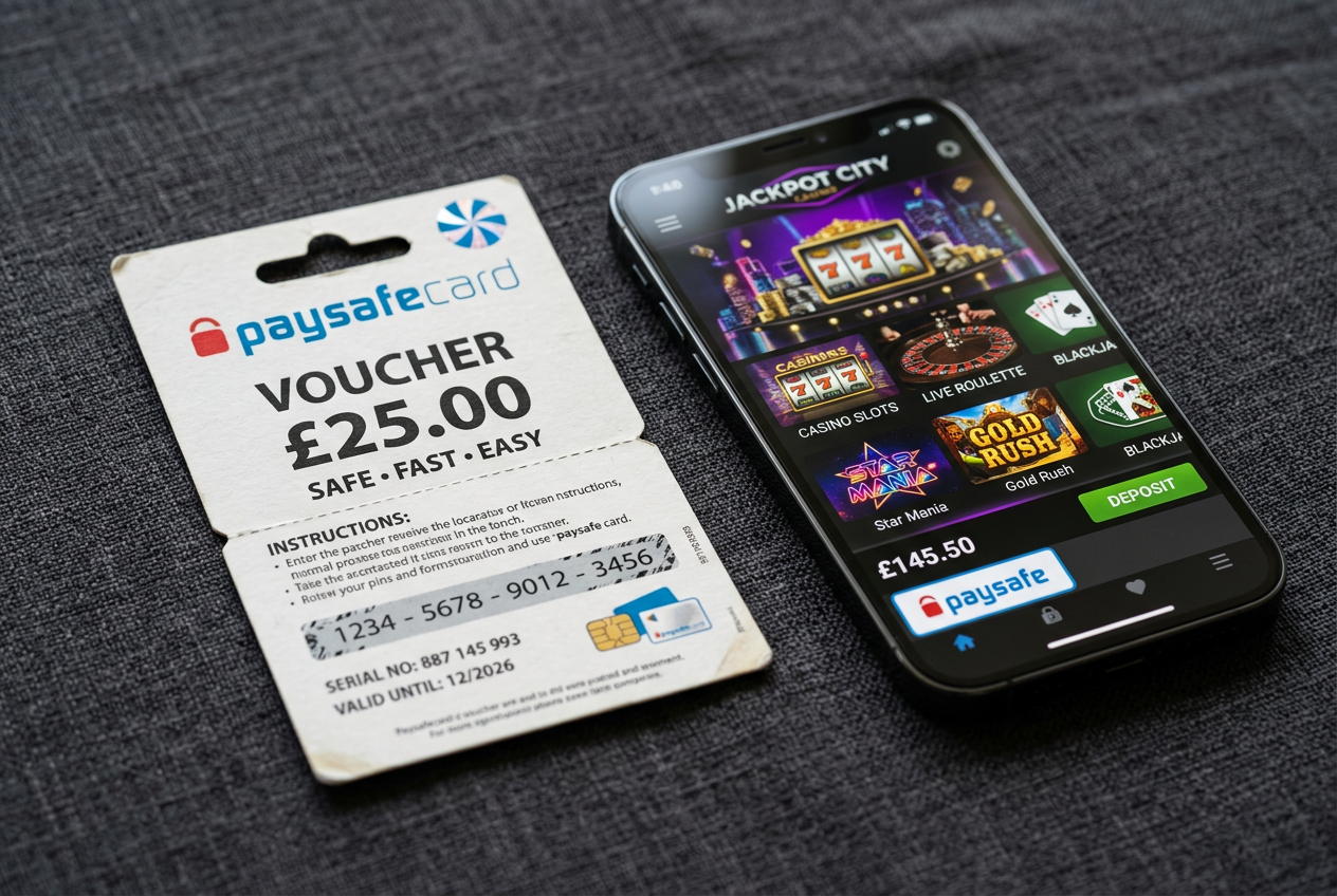 Zbliżenie na kupon Paysafecard obok nowoczesnego smartfona z aplikacją kasynową na eleganckim, tekstylnym tle.